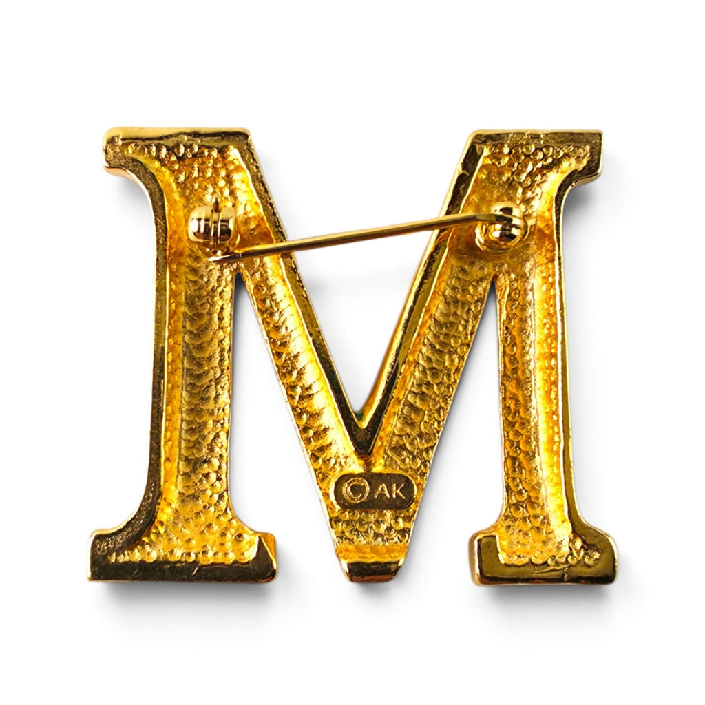 FuzzBeez vintage Anne Klein gold-tone letter M monogram brooch pin with textured finish and rollover safety clasp