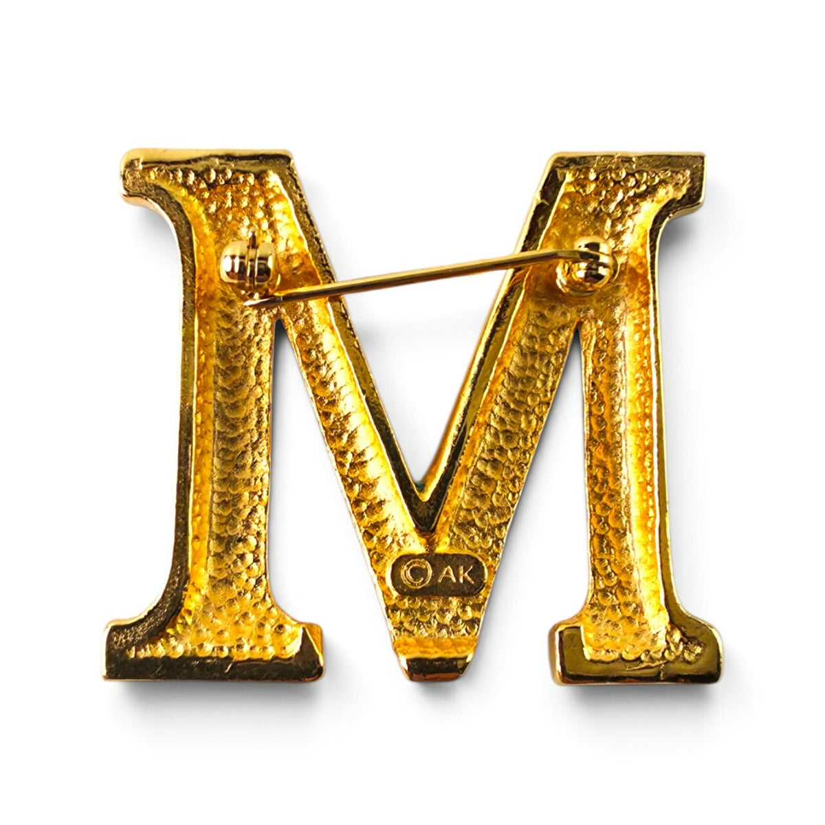 FuzzBeez vintage Anne Klein gold-tone letter M monogram brooch pin with textured finish and rollover safety clasp