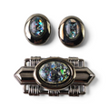 FuzzBeez vintage Art Deco brooch and pierced stud earrings set with gunmetal finish and iridescent foil cabochons.