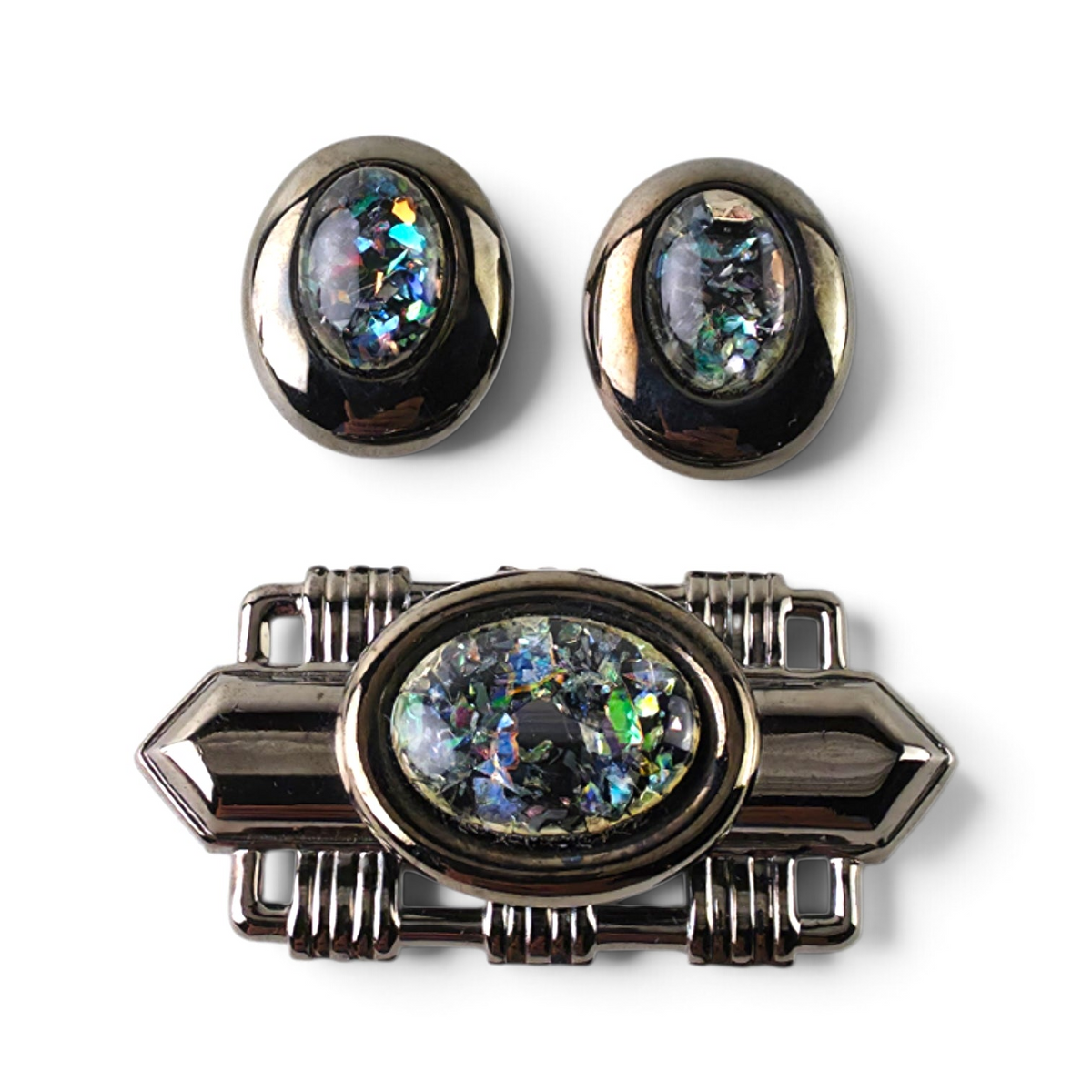 FuzzBeez vintage Art Deco brooch and pierced stud earrings set with gunmetal finish and iridescent foil cabochons.
