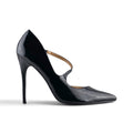 FuzzBeez black patent faux leather pointed toe stiletto pumps with an asymmetrical strap and high-gloss finish.