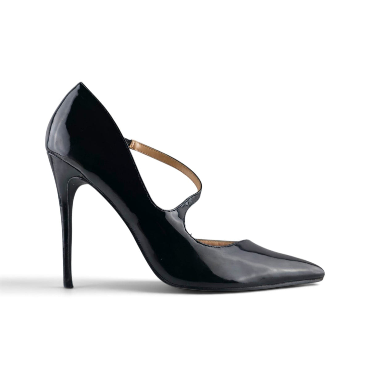 FuzzBeez black patent faux leather pointed toe stiletto pumps with an asymmetrical strap and high-gloss finish.