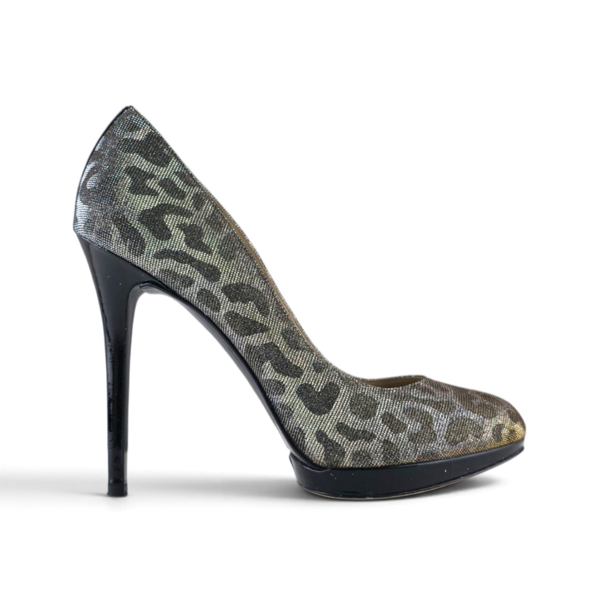 FuzzBeez Brian Atwood metallic gold and silver leopard print platform stiletto pumps with a black patent leather heel.