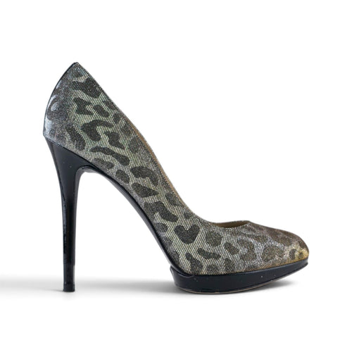 FuzzBeez Brian Atwood metallic gold and silver leopard print platform stiletto pumps with a black patent leather heel.