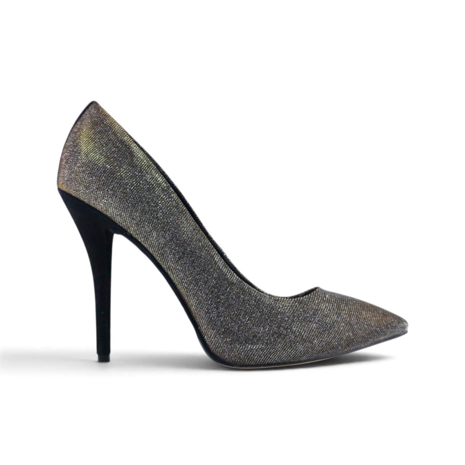 FuzzBeez Brian Atwood metallic shimmer pointed toe stiletto pumps with black suede heel and woven textile upper.