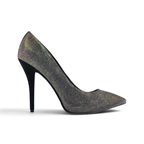 FuzzBeez Brian Atwood metallic shimmer pointed toe stiletto pumps with black suede heel and woven textile upper.