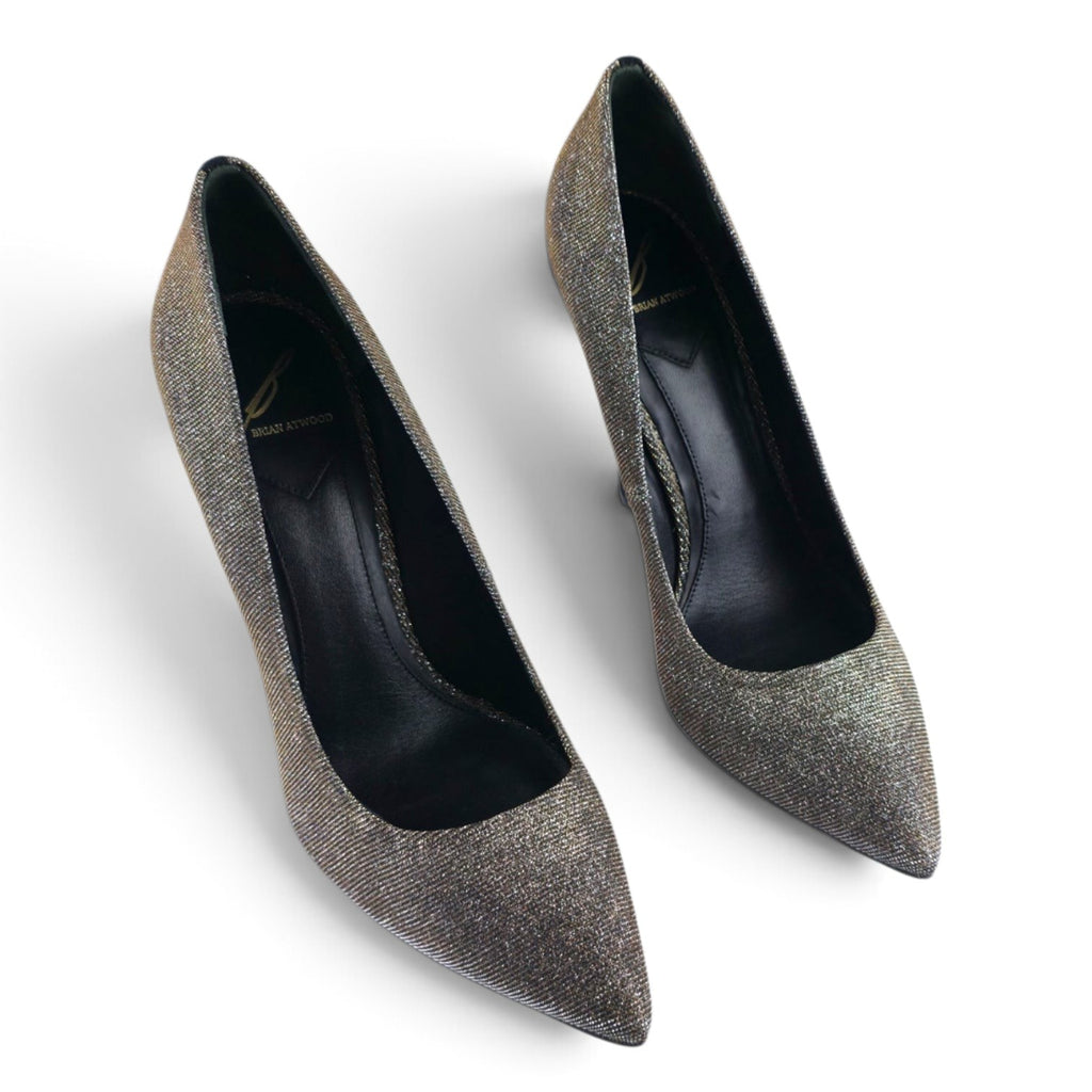 FuzzBeez Brian Atwood metallic woven textile pointed toe stiletto pumps in shimmering gold and bronze tones.