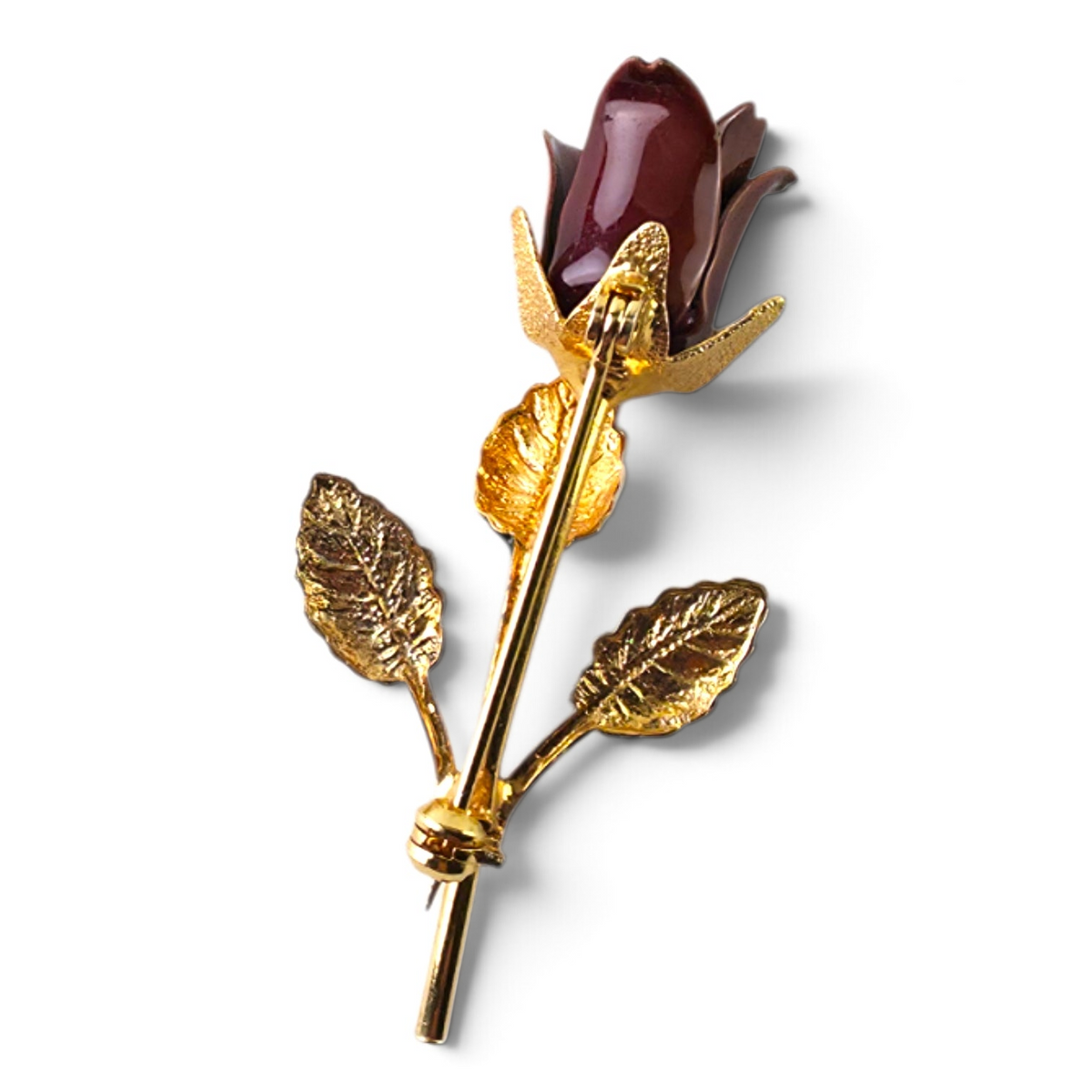 FuzzBeez vintage enamel burgundy red rose brooch with gold-tone stem and textured green leaves