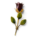 FuzzBeez vintage enamel burgundy red rose brooch with gold-tone stem and green leaves on a white background