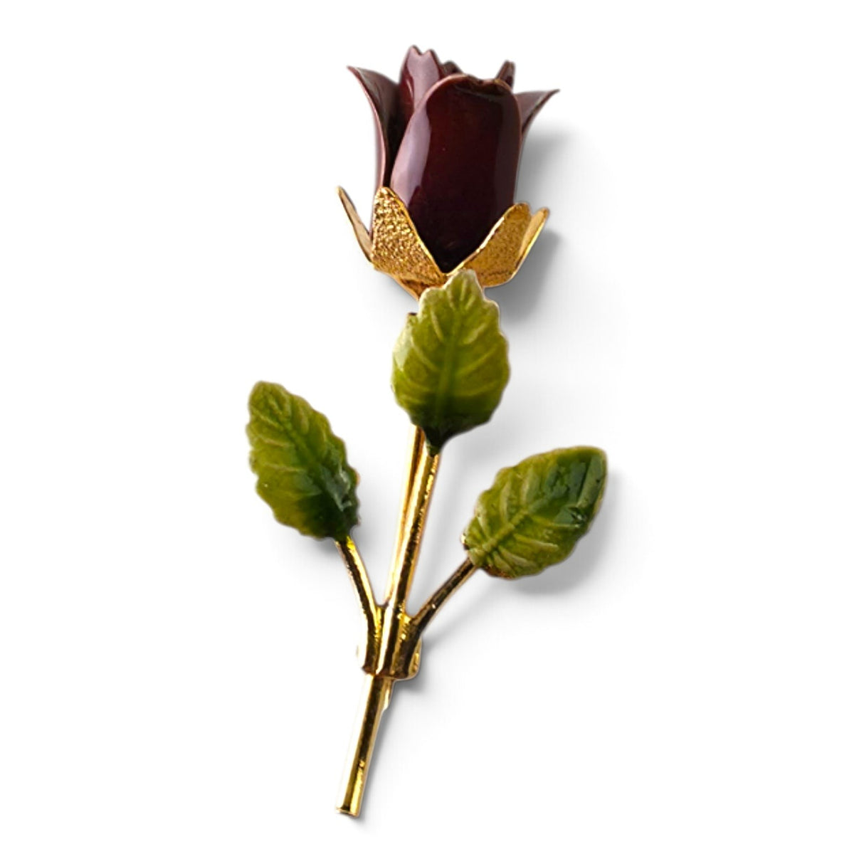 FuzzBeez vintage enamel burgundy red rose brooch with gold-tone stem and green leaves on a white background