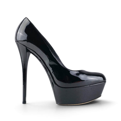 FuzzBeez Casadei black patent leather platform stiletto pumps with high heel and almond toe