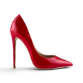 FuzzBeez cherry red patent vegan leather stiletto pumps with a 5-inch heel and pointed toe in a side profile view.