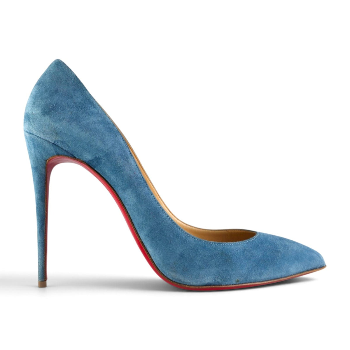 FuzzBeez Christian Louboutin Pigalle Follies 100 sky blue suede pumps with signature red lacquered leather sole