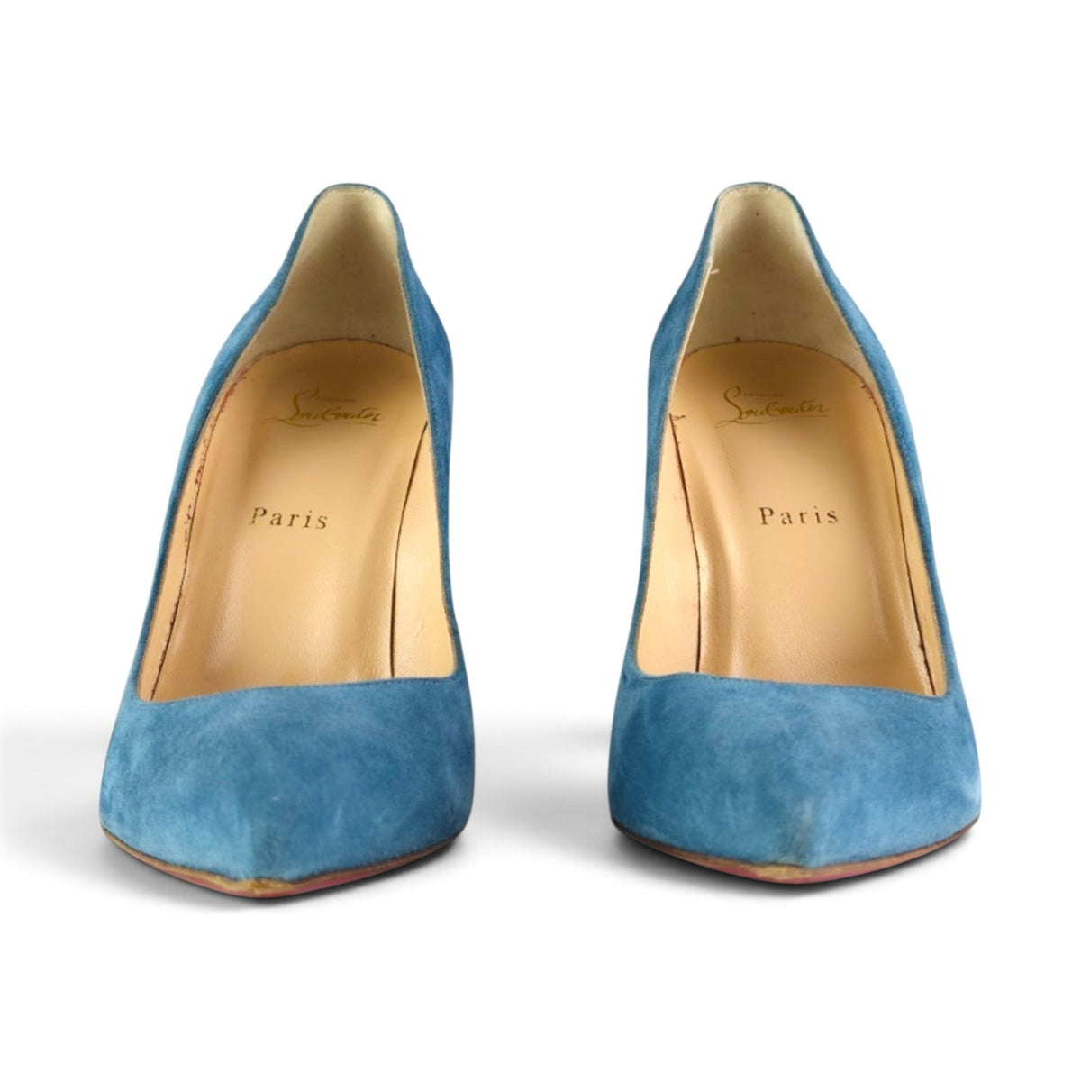 FuzzBeez Christian Louboutin Pigalle Follies 100 pumps in Celeste sky blue suede with pointed toe and stiletto heel