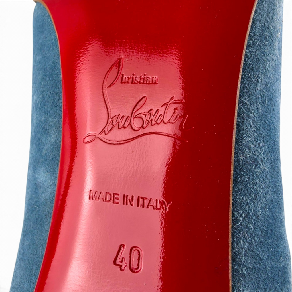FuzzBeez Christian Louboutin Pigalle Follies 100 celeste blue suede pump with signature red lacquered leather sole
