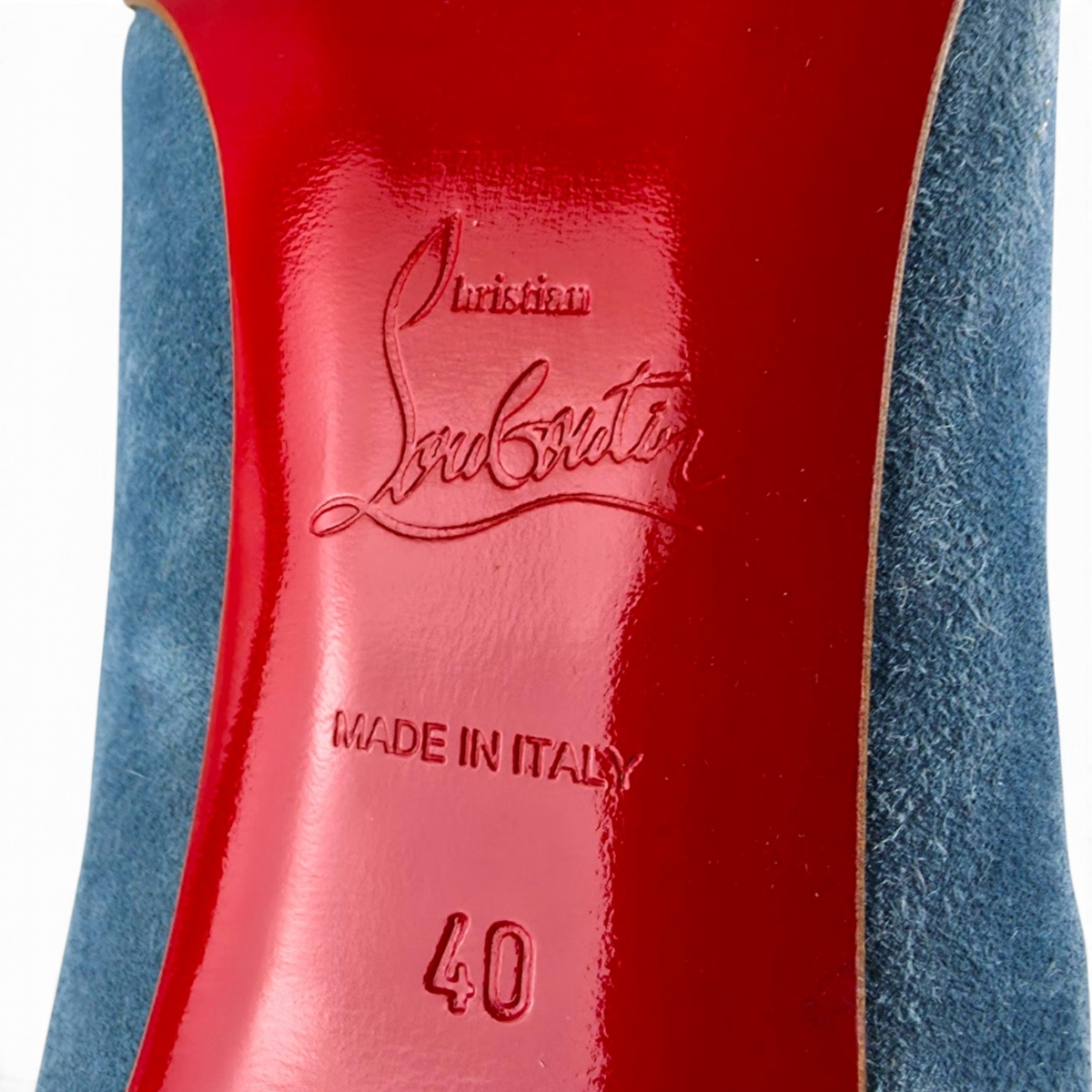 FuzzBeez Christian Louboutin Pigalle Follies 100 celeste blue suede pump with signature red lacquered leather sole