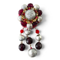 FuzzBeez vintage statement brooch featuring crimson red faceted glass and textured silver beads with dangle accents.