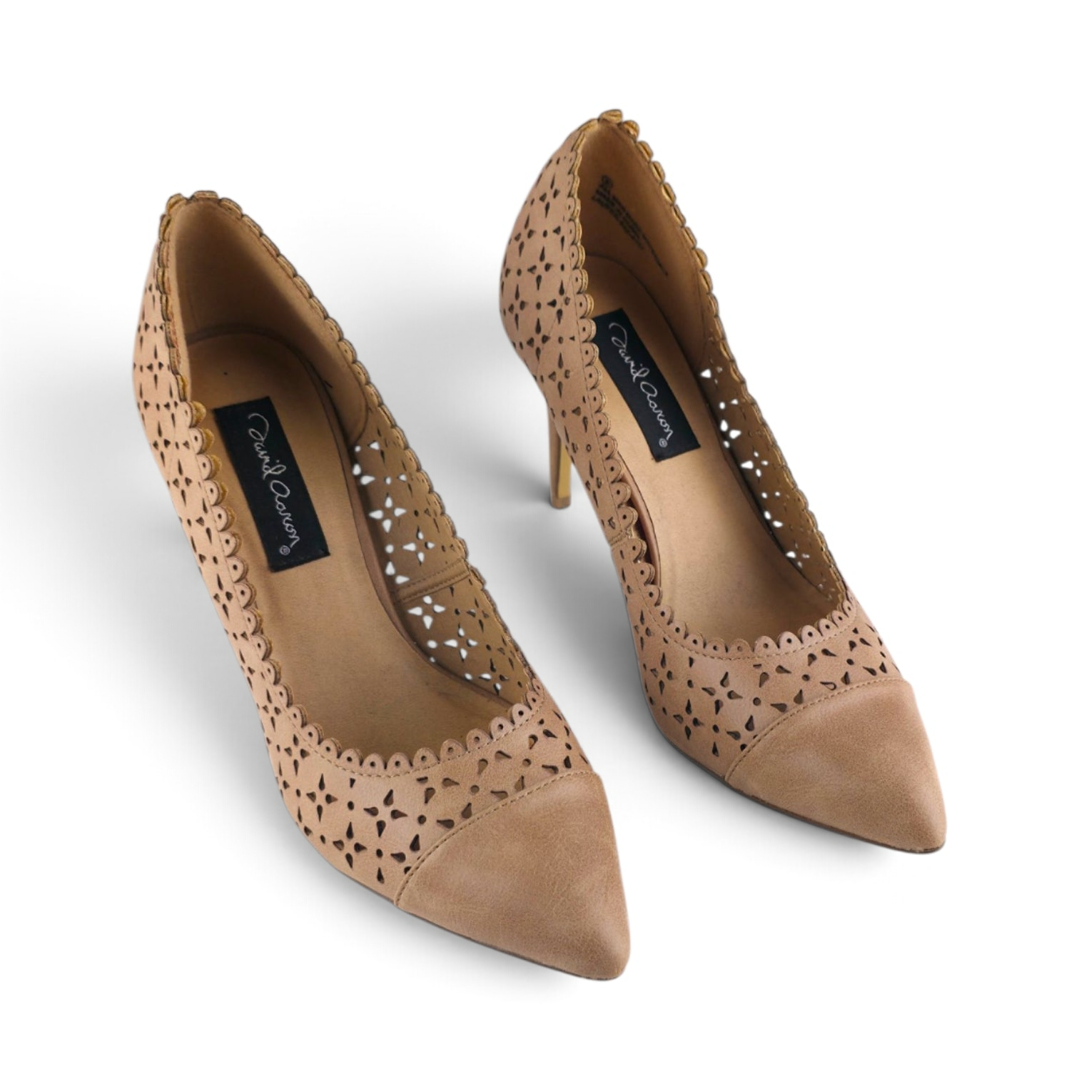 FuzzBeez David Aaron nude beige pointed toe stiletto heels with laser cut out scalloped detailing