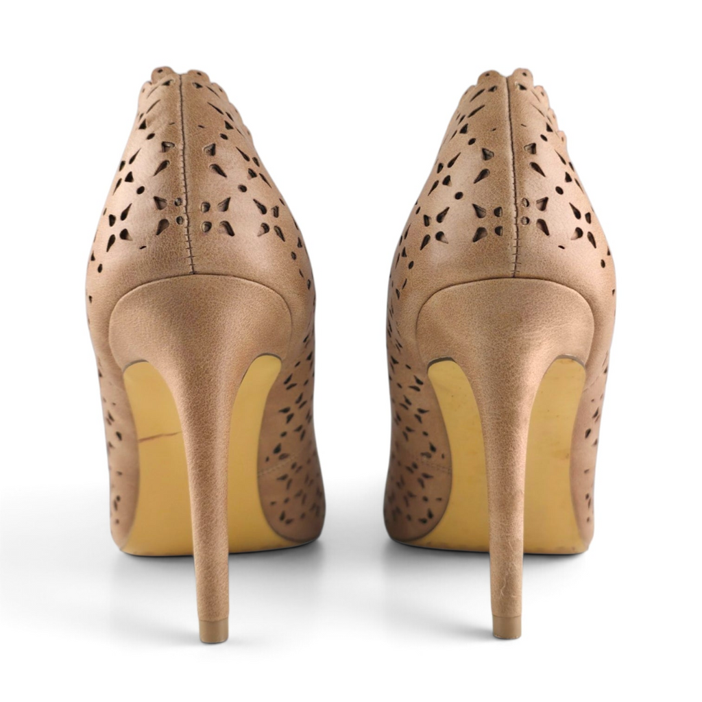 FuzzBeez David Aaron nude beige faux suede stiletto heels with intricate laser cut out scalloped detailing