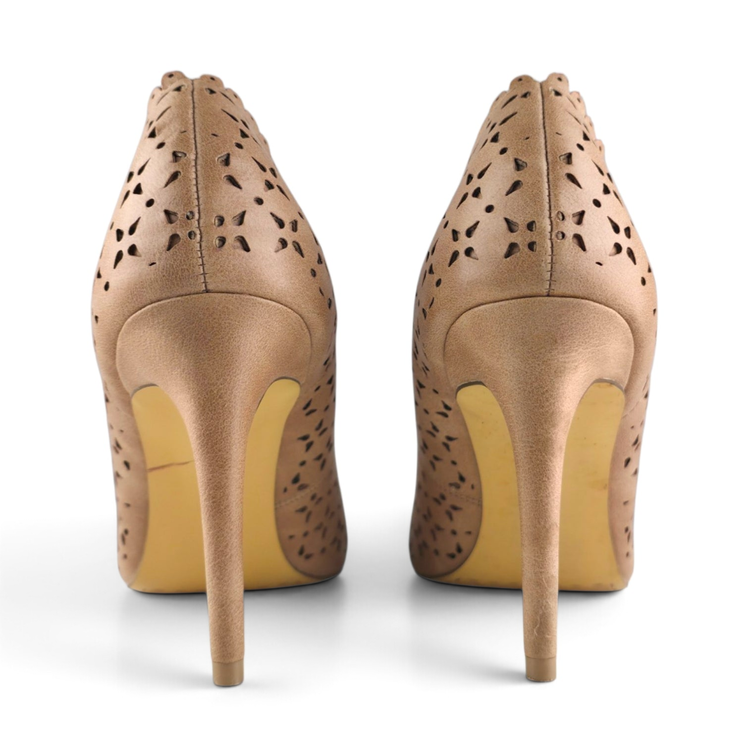 FuzzBeez David Aaron nude beige faux suede stiletto heels with intricate laser cut out scalloped detailing