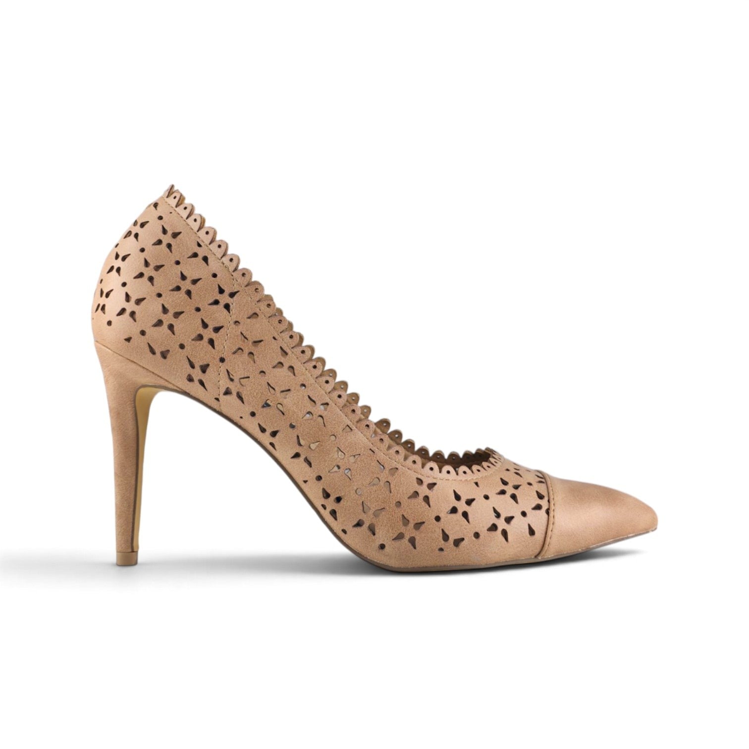 FuzzBeez David Aaron nude beige faux suede stiletto heels with laser cut out patterns and scalloped trim