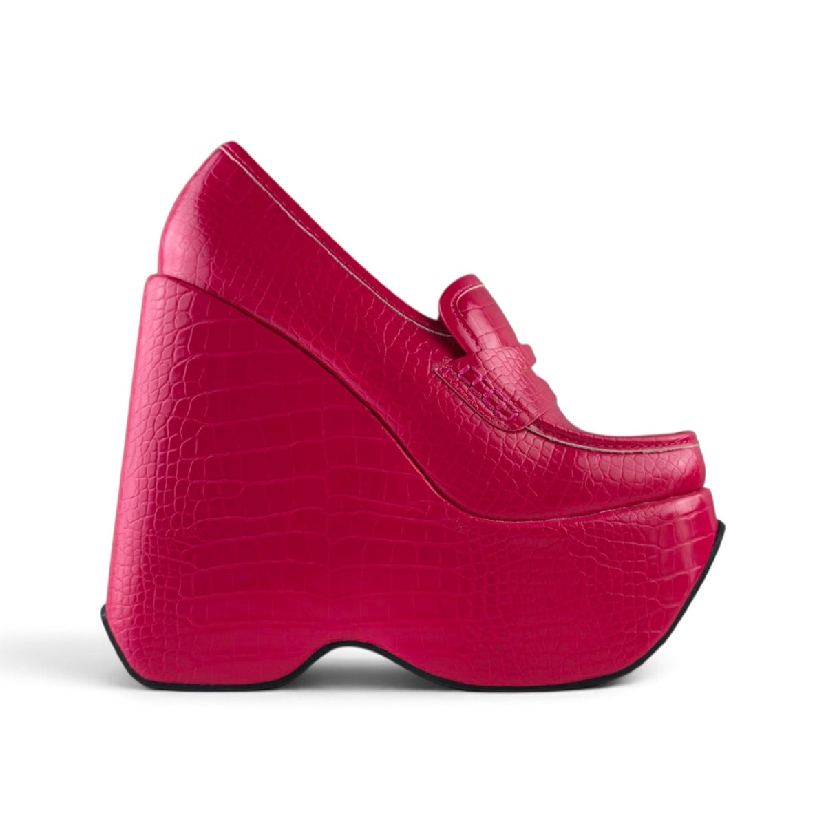 FuzzBeez EGO hot pink croc-embossed synthetic leather platform wedge loafers with a square toe and slip-on design.