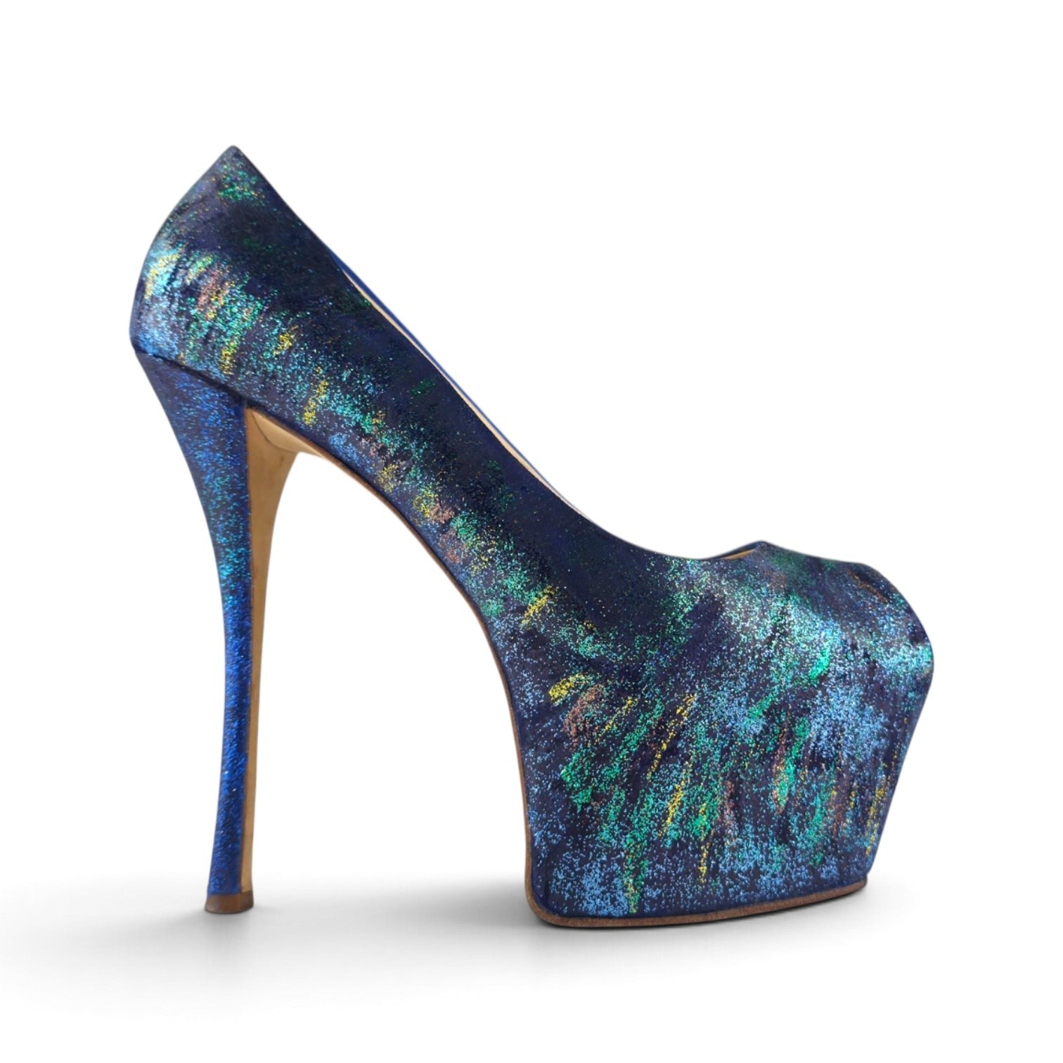 FuzzBeez Giuseppe Zanotti iridescent blue shimmer peep toe platform stiletto pumps with leather sole
