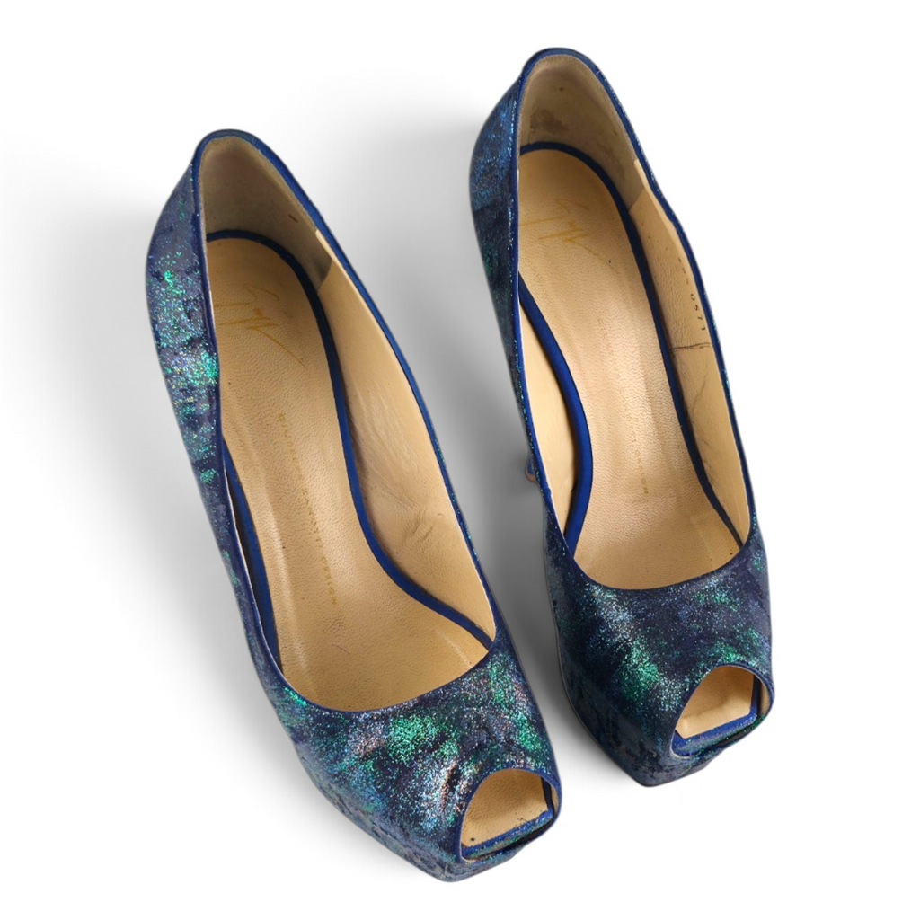 FuzzBeez Giuseppe Zanotti blue iridescent shimmer peep toe platform pumps with leather insoles.
