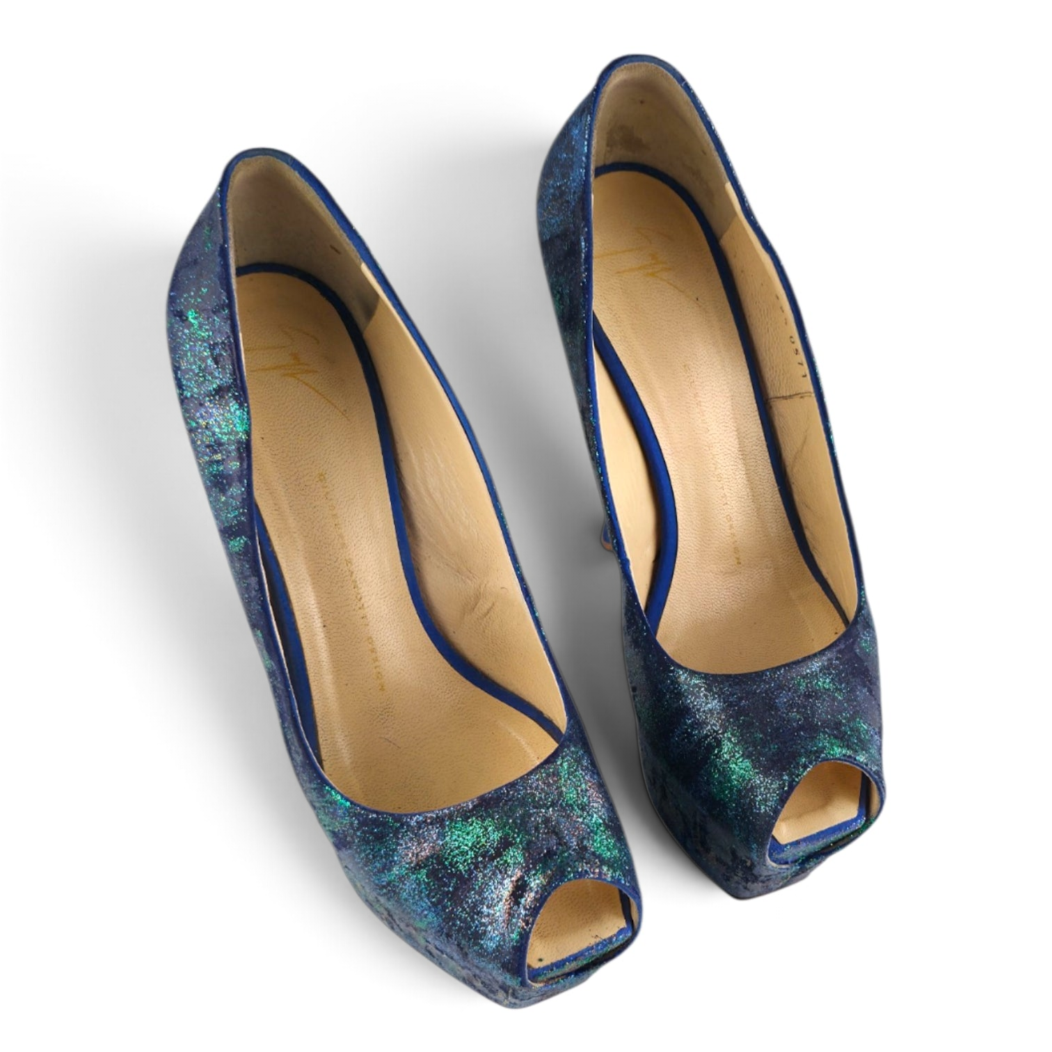 FuzzBeez Giuseppe Zanotti blue iridescent shimmer peep toe platform pumps with leather insoles.