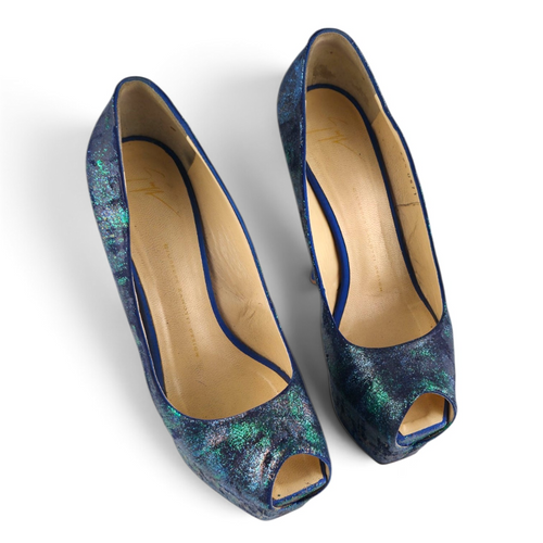 FuzzBeez Giuseppe Zanotti blue iridescent shimmer peep toe platform pumps with leather insoles.