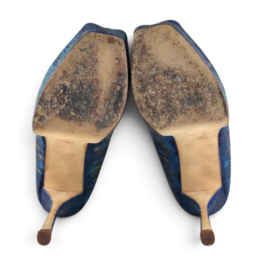 FuzzBeez Giuseppe Zanotti iridescent blue peep toe platform stiletto pumps showing worn leather soles from below
