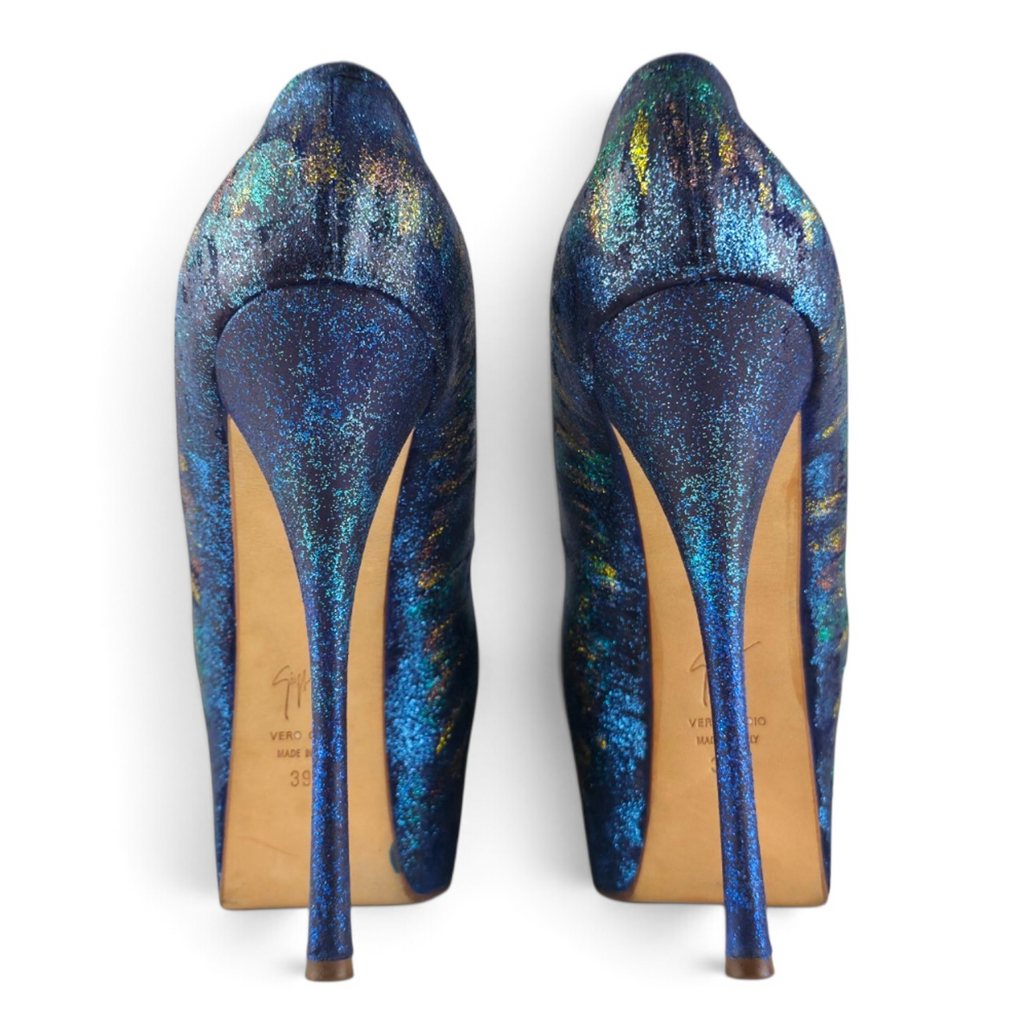 FuzzBeez Giuseppe Zanotti blue iridescent shimmer stiletto platform pumps, back view showing high heels.