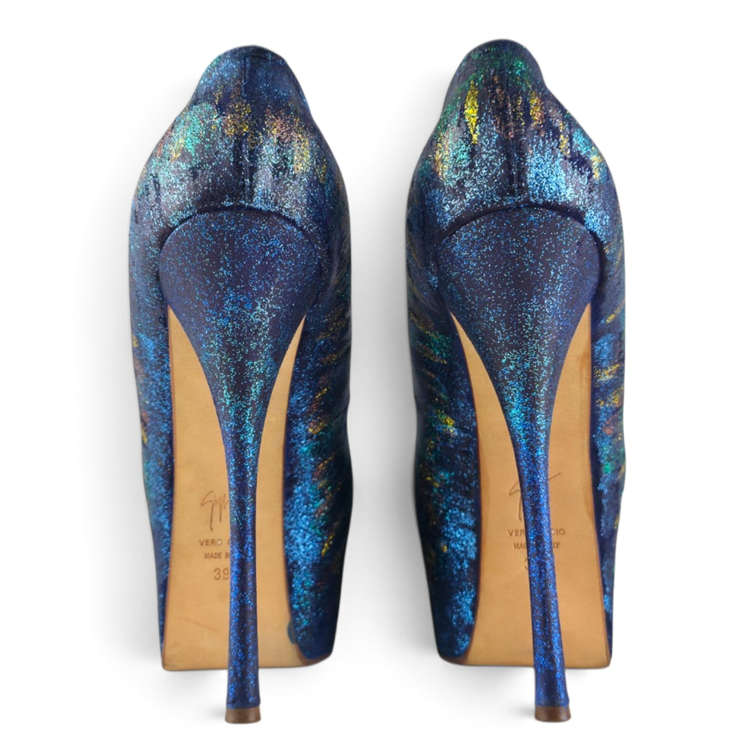 FuzzBeez Giuseppe Zanotti blue iridescent shimmer stiletto platform pumps, back view showing high heels.