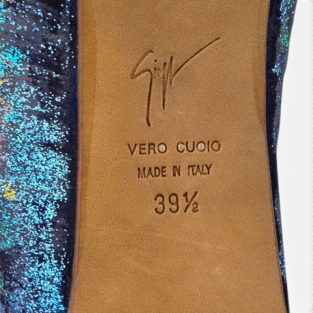 FuzzBeez Giuseppe Zanotti iridescent blue shimmer platform pump sole with Vero Cuoio leather branding and size 39.5
