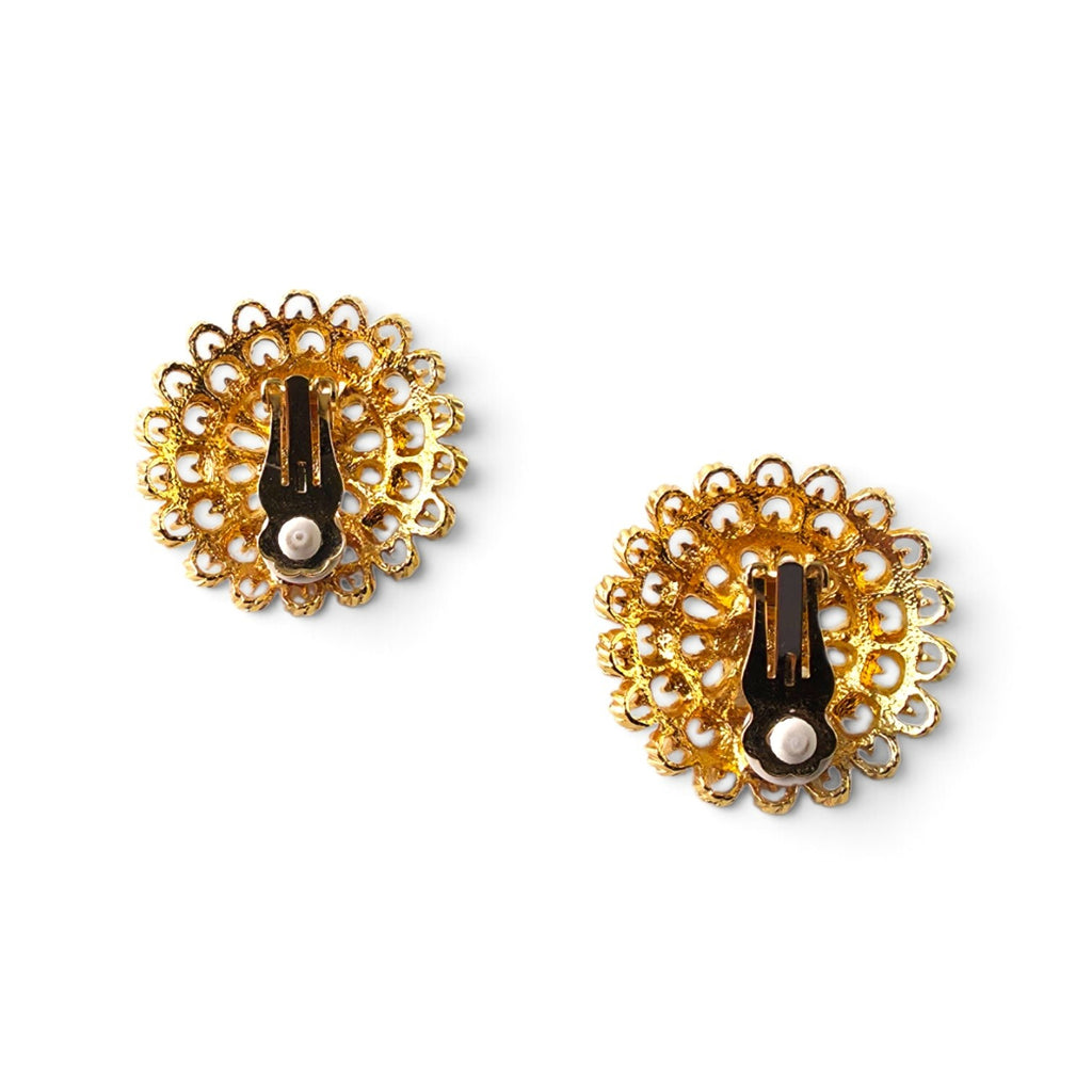 FuzzBeez vintage gold filigree clip-on earrings with floral cluster design and back view showing clip mechanism.