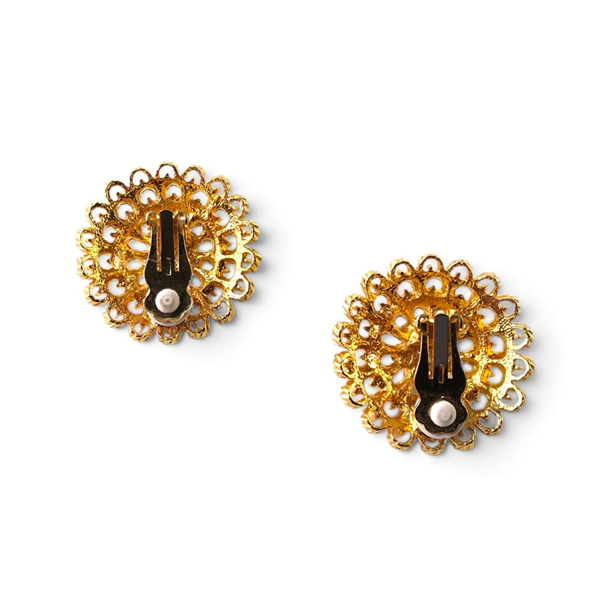 FuzzBeez vintage gold filigree clip-on earrings with floral cluster design and back view showing clip mechanism.