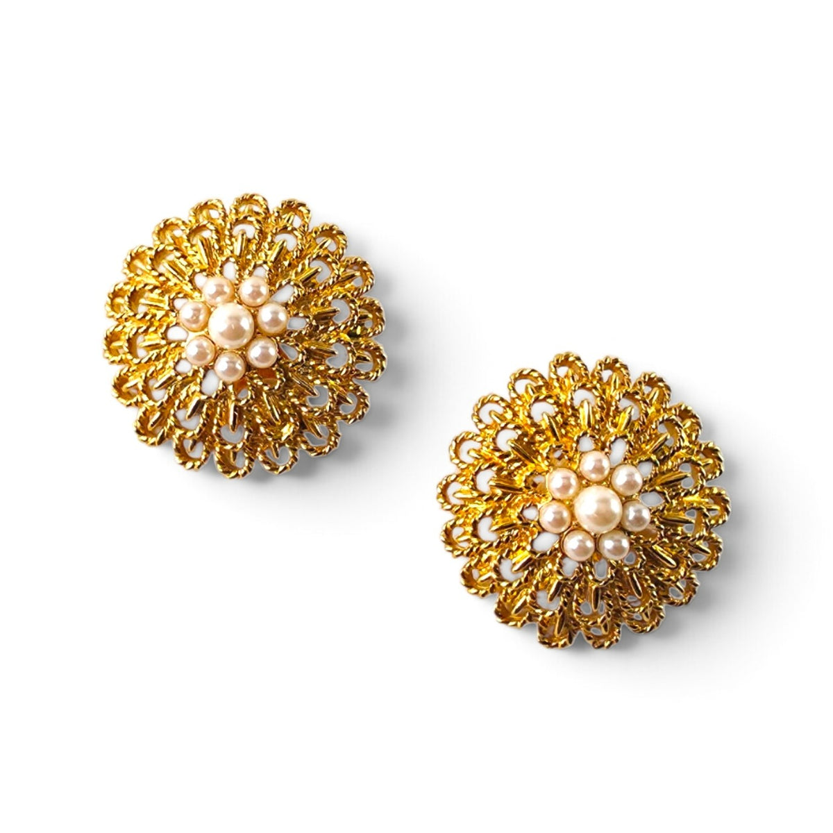 FuzzBeez vintage gold filigree floral clip-on earrings with creamy faux pearl clusters in a round button style.