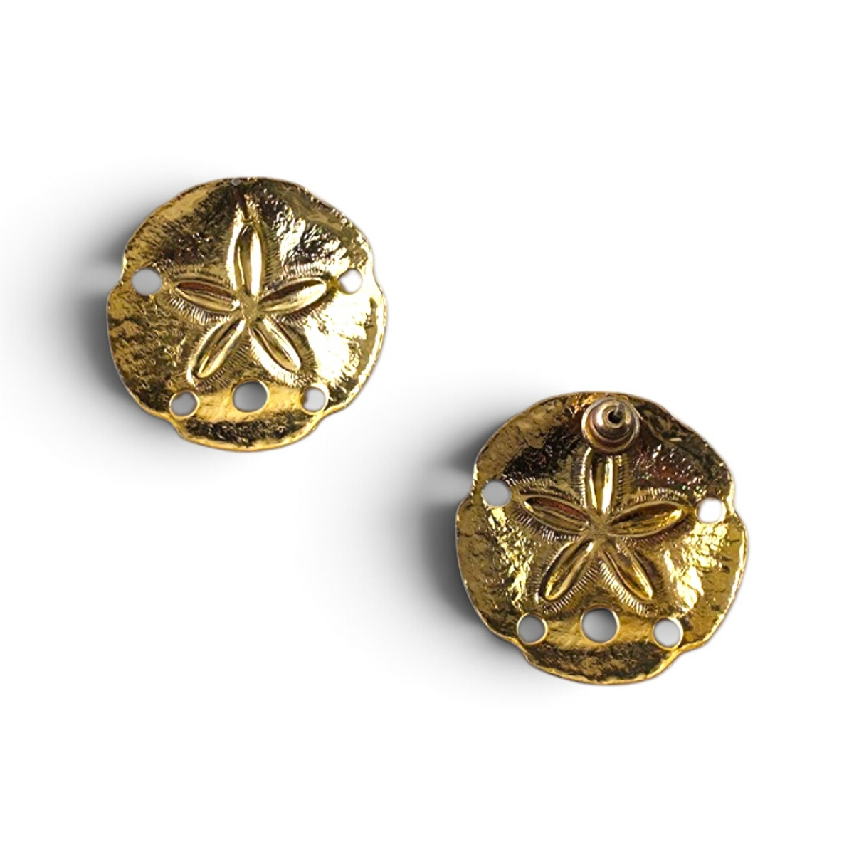 FuzzBeez vintage gold-tone sand dollar stud earrings with textured coastal design and post back closures.