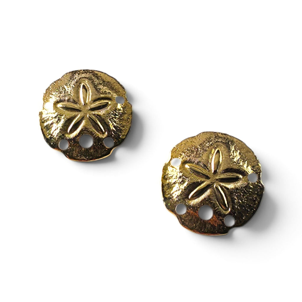 FuzzBeez vintage gold-tone sand dollar stud earrings with textured coastal beach design on a white background.
