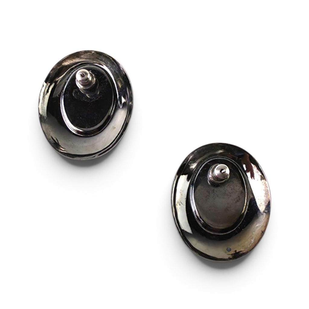 FuzzBeez gunmetal Art Deco style pierced stud earrings with smooth dark chrome finish and post backs