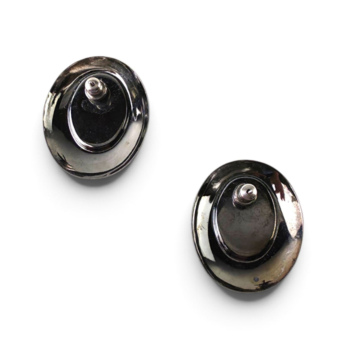 FuzzBeez gunmetal Art Deco style pierced stud earrings with smooth dark chrome finish and post backs