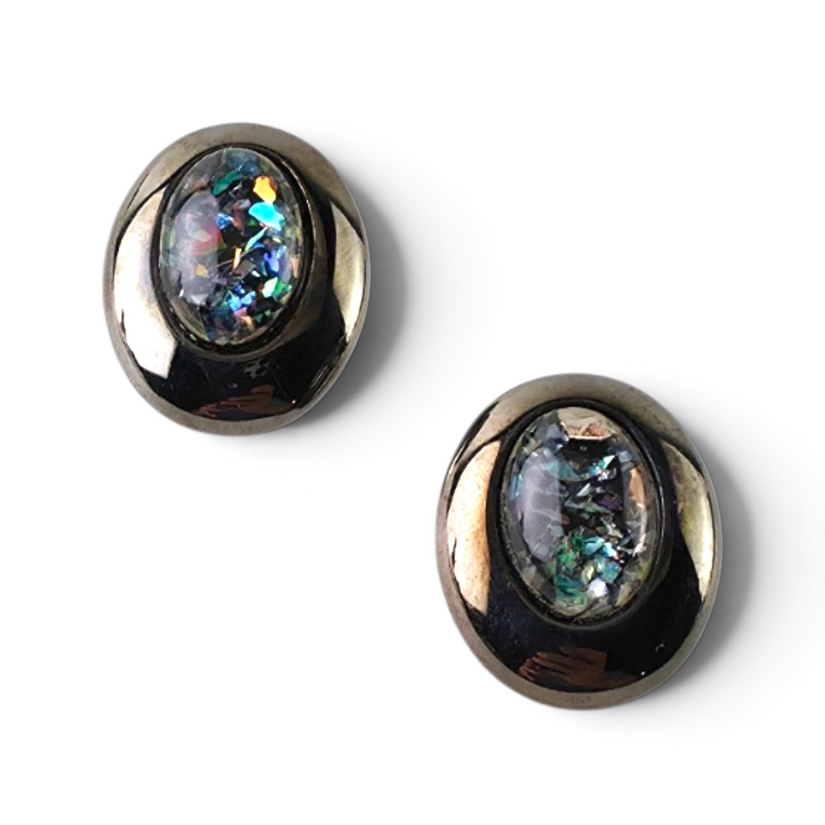 FuzzBeez gunmetal stud earrings featuring oval iridescent confetti foil cabochons in an Art Deco style