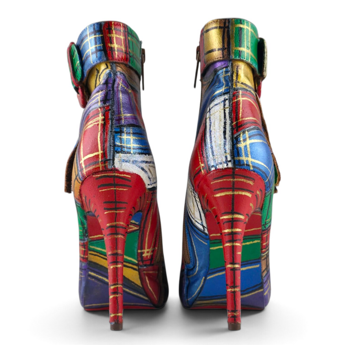 FuzzBeez hand-painted tartan plaid stiletto ankle boots with multi-color leather and side zip closure, back view.
