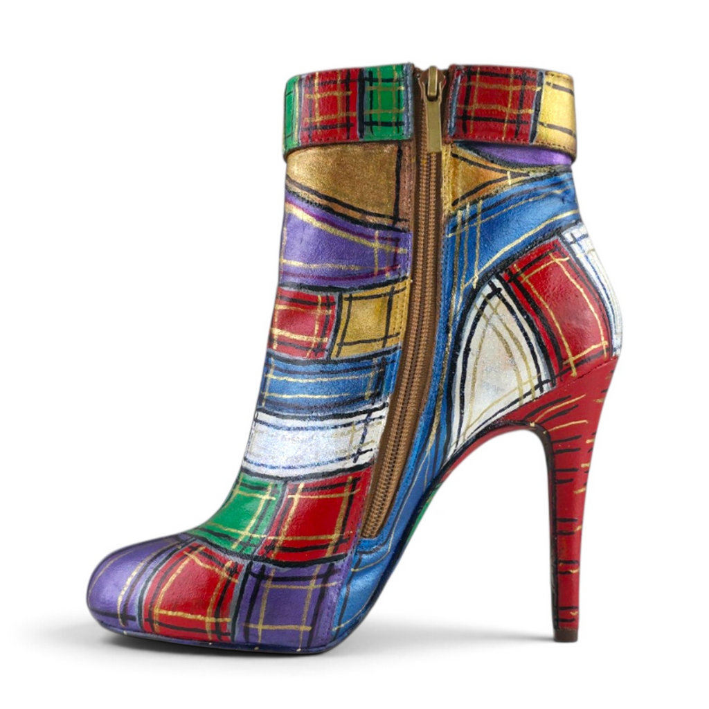 FuzzBeez hand-painted multi-colored tartan plaid stiletto ankle boots with almond toe and side zip closure