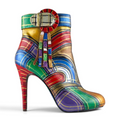 FuzzBeez hand-painted leather stiletto ankle boots featuring a vibrant multi-color tartan plaid pattern and side buckle.