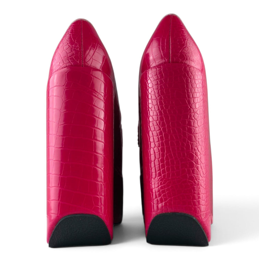 FuzzBeez EGO hot pink croc-embossed synthetic leather platform wedge loafers with a square toe design.