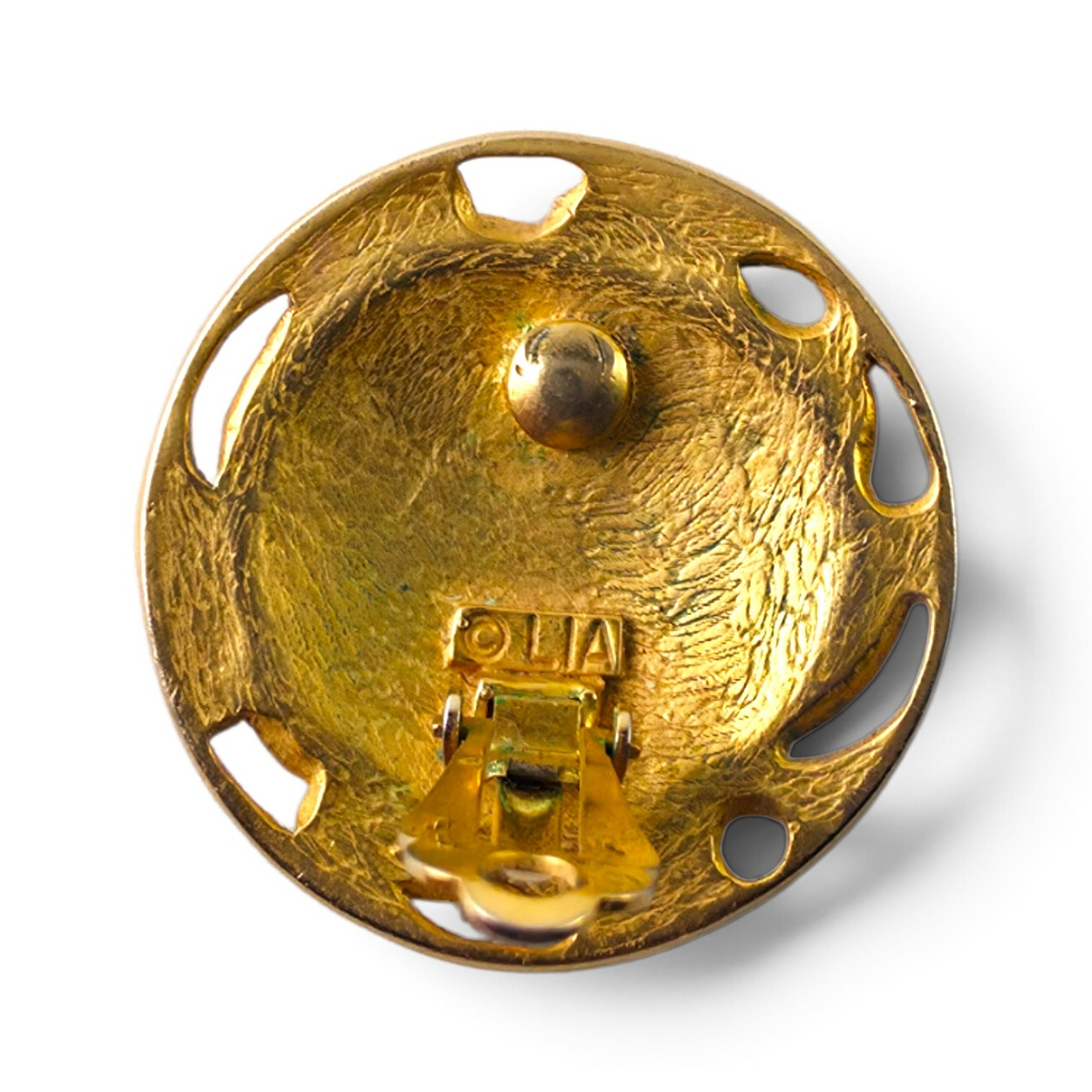 FuzzBeez vintage LIA signed gold-tone clip-on earring back showing the hallmark and textured metal finish