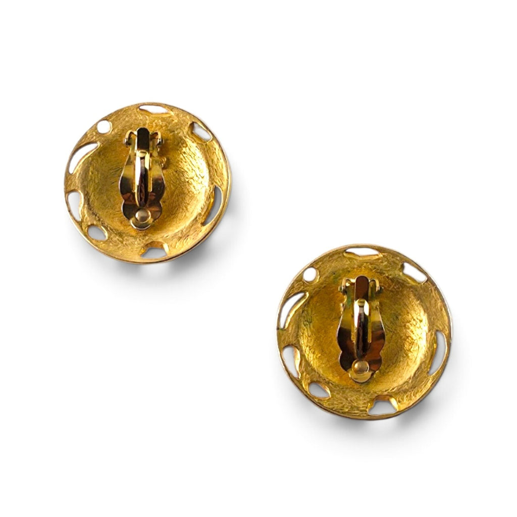 FuzzBeez vintage LIA gold-tone clip-on earrings showing the textured metal backs and secure clip mechanisms