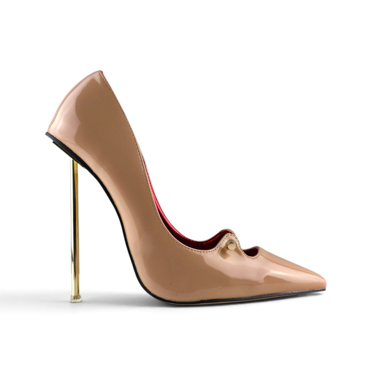 FuzzBeez MAIERNISI nude patent leather pointed-toe stiletto pump with a metallic gold heel and red interior lining.