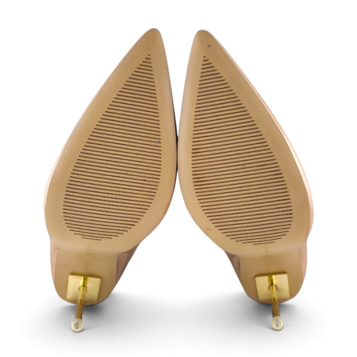 FuzzBeez MAIERNISI nude patent pointed toe stiletto pumps with gold metallic heels and textured soles